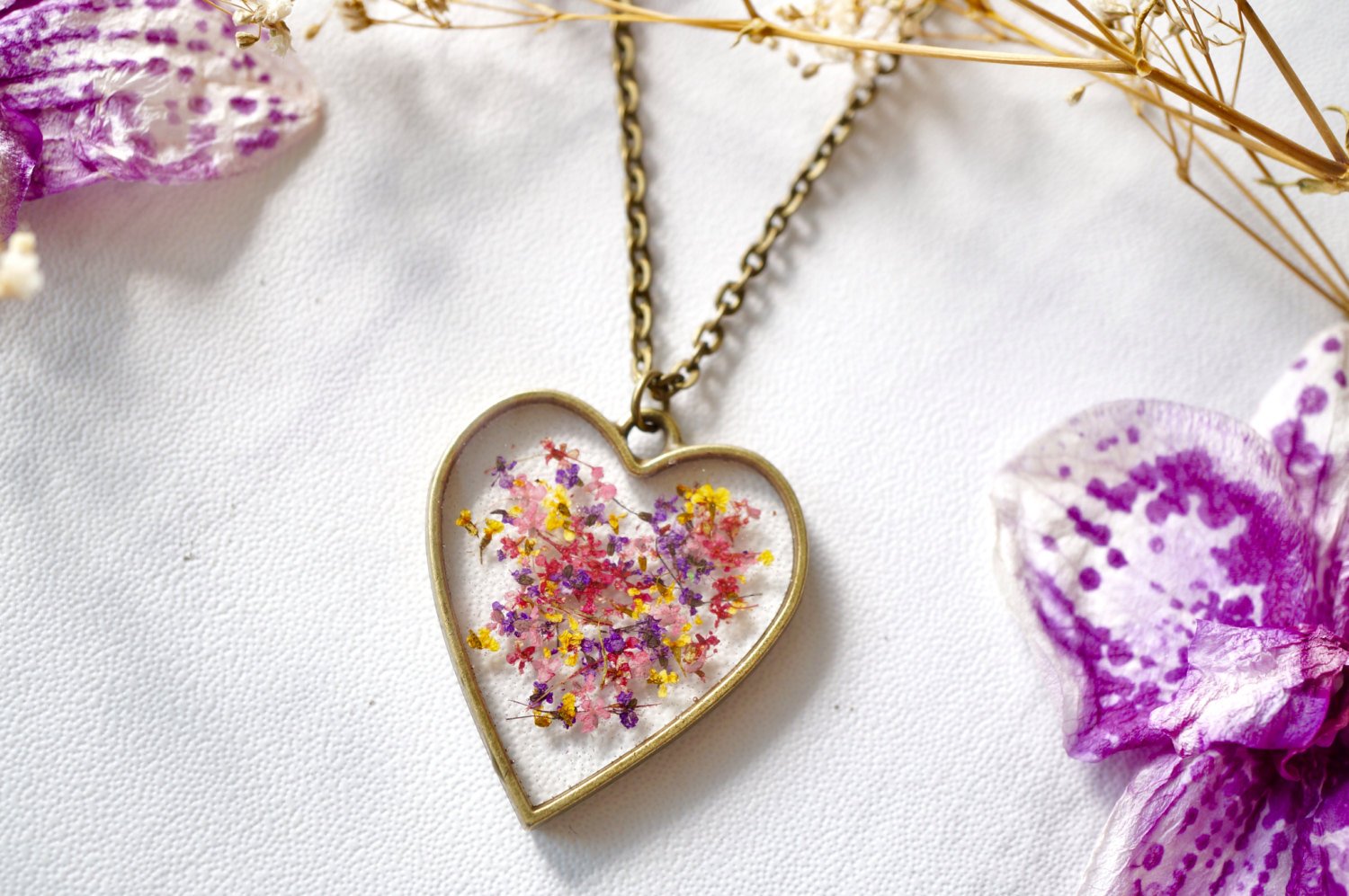 Real Pressed Flower and Resin Heart Necklace in Red, Pink, Yellow, and Purple Mix